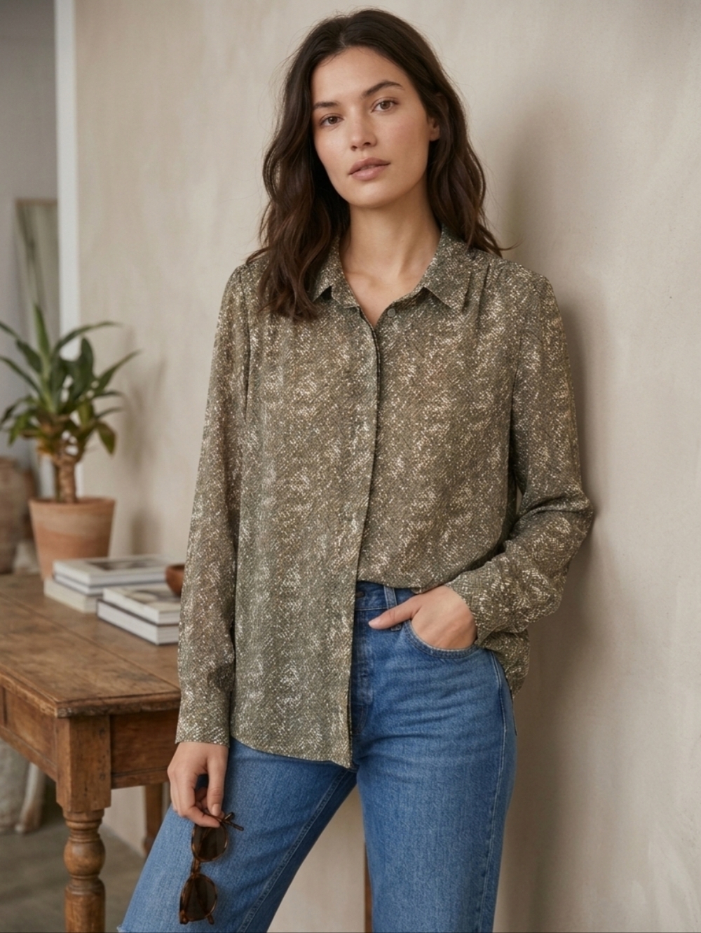 Anthropologie The Korner Snakeskin Print Blouse Long Sleeve Neutral Colour